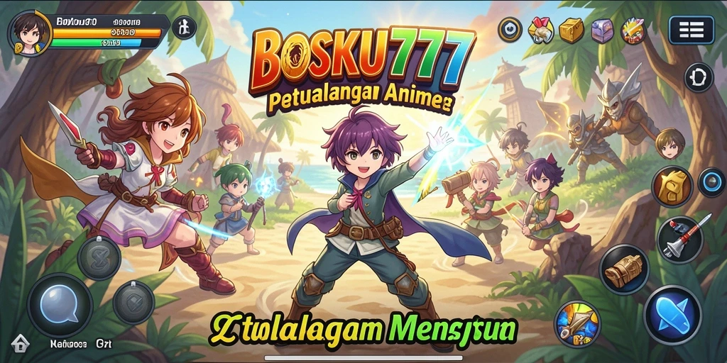 Tampilan gameplay BOSKU777 yang penuh warna dan karakter anime yang ikonik.