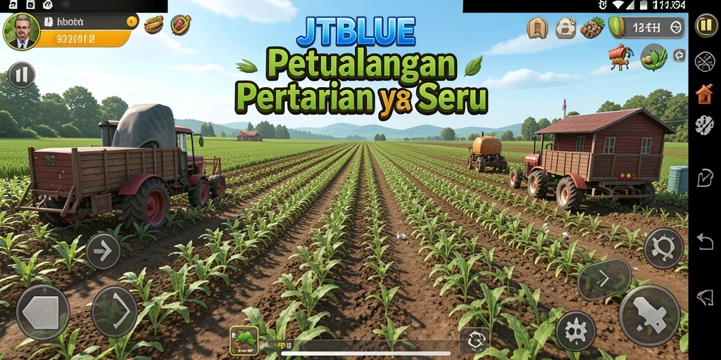 Screenshot JTBLUE menampilkan pemain yang sedang merawat tanaman di lahan pertanian.