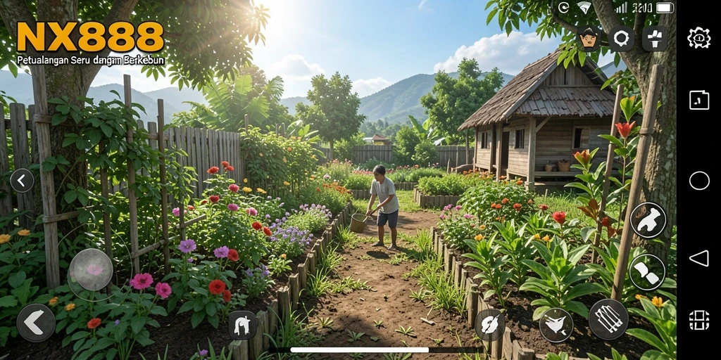 Tampilan gameplay menakjubkan dengan kebun yang penuh warna.