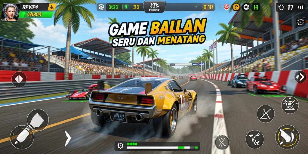 Screenshot RPVIP4 menampilkan balapan mendebarkan di lintasan cepat.