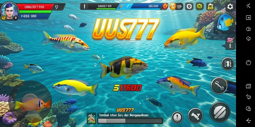 Tampilan gameplay seru dalam UUS777 saat menembak ikan di lautan.