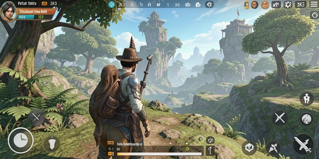 Tangkapan layar gameplay <strong>ZK3</strong> menunjukkan eksplorasi dunia yang luas.